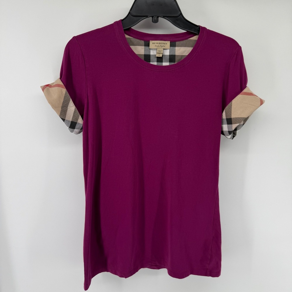 Burberry London England Womens Magenta Purple Nova Check Cuff T-Shirt Size L